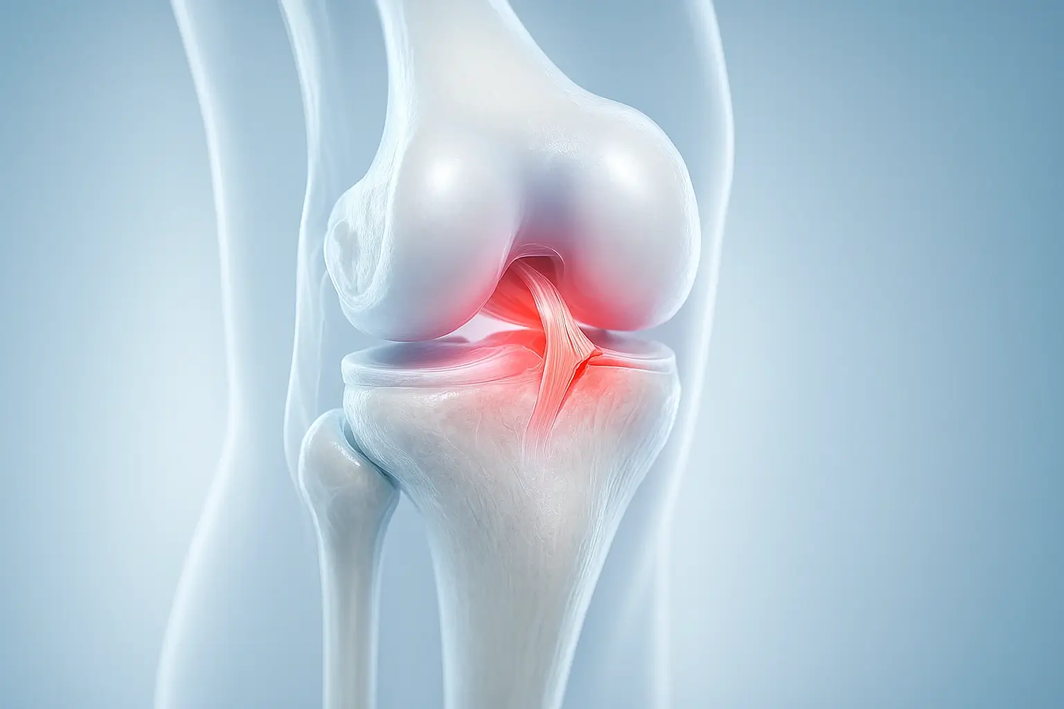 膝関節を斜め前方から見た医療CG。前十字靭帯の断裂部を赤く示し、周囲の靭帯や骨を半透明で描いた横長画像