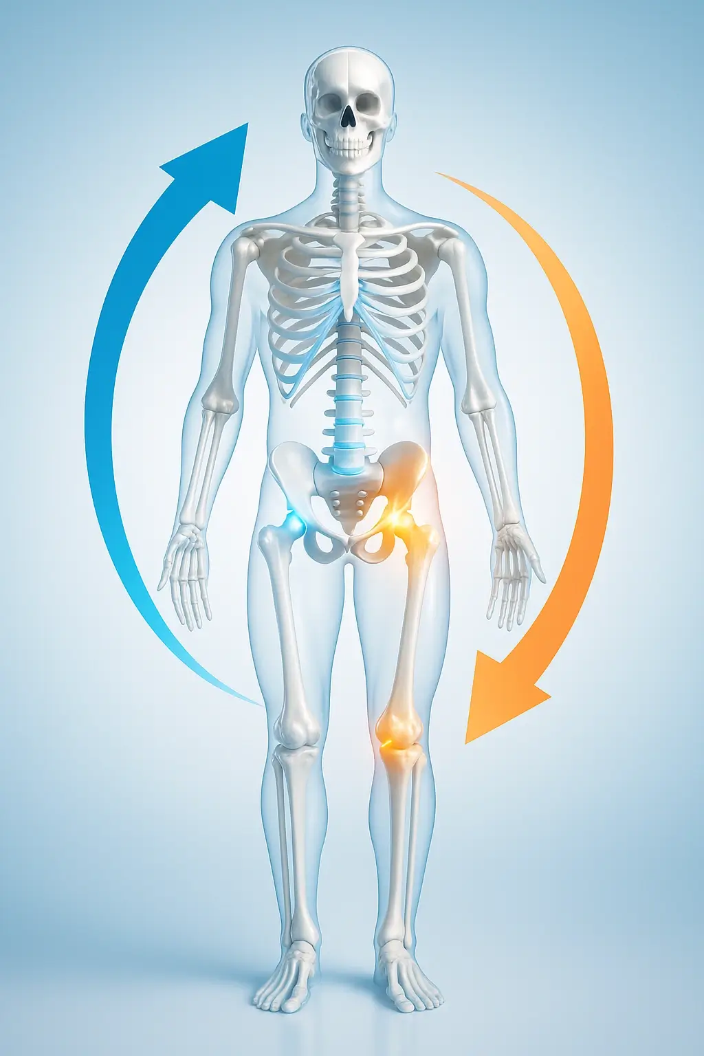 全身骨格の正面図。骨盤・股関節・膝・足首を色で強調し、下から上と上から下の両方向に半透明の矢印を描いて全身と膝の連動を示した明るく透明感のあるCG画像