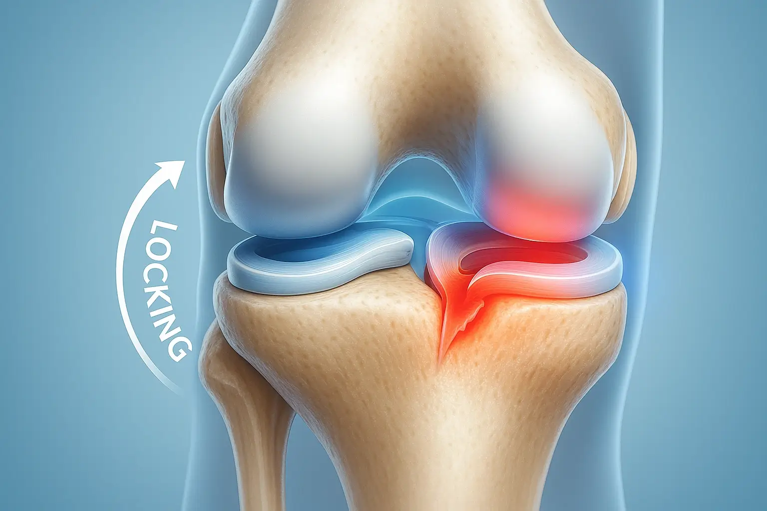 膝関節断面図で半月板の断裂を赤く示した医療CG。ロッキング現象の引っかかり部分を矢印で表した横長画像
