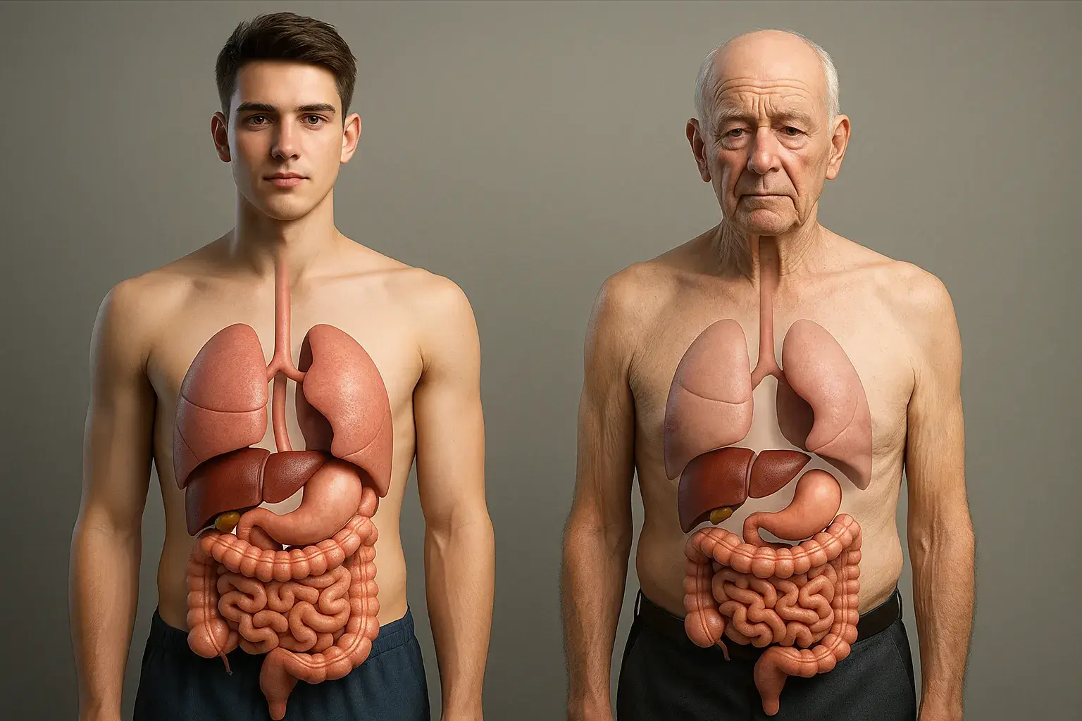若者と老人の内臓の比較(萎縮)画像